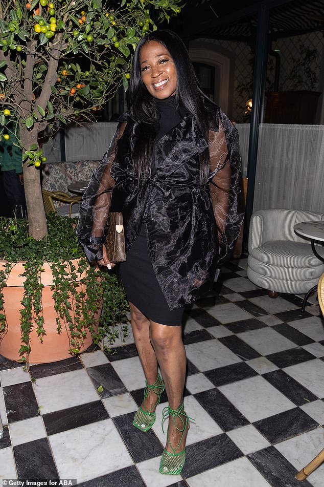 Chic: Bianca's mother Yvonne looked glamorous in a black mini dress she wore under a sheer blouse