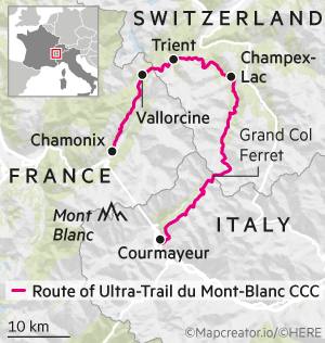Map of the route of the Ultra-Trail du Mont-Blanc CCC