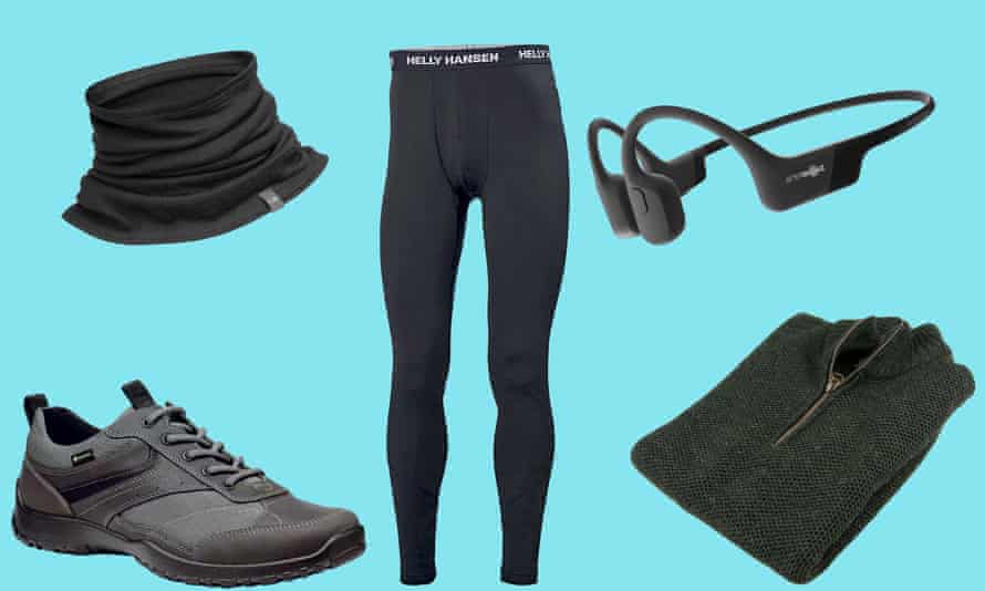 Left to right: Thunder GTX hiking shoes, Wiggle Icebreaker Flexi Chute snood, Helly Hansen merino wool leggings, Aftershokz Aeropex wireless bone conduction headphones and Clapdale zip-neck wool sweater.