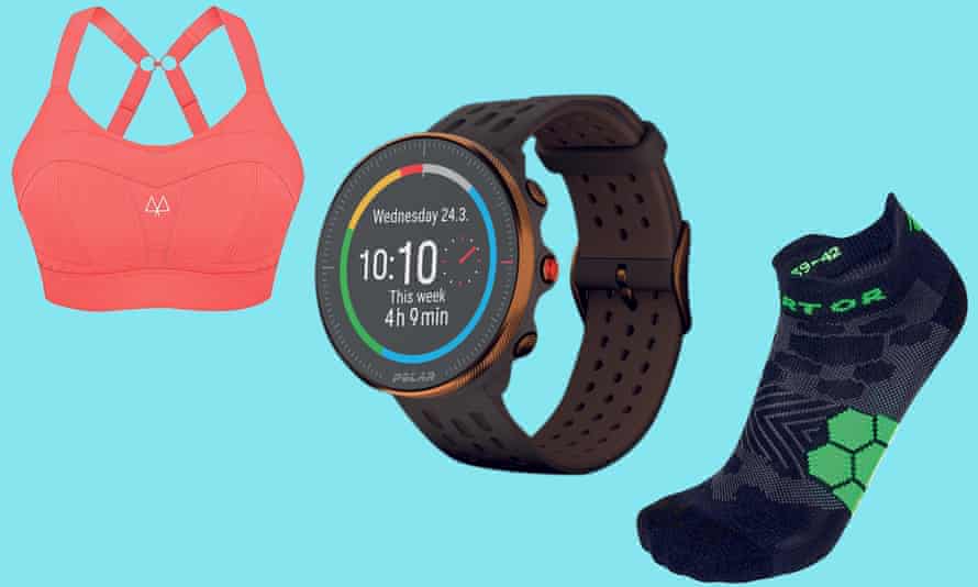 Left to right: Maaree.com Solidarity high impact sports bra, Polar Vantage M2 multisport GPS watch, Enertor.com Energy running sock.